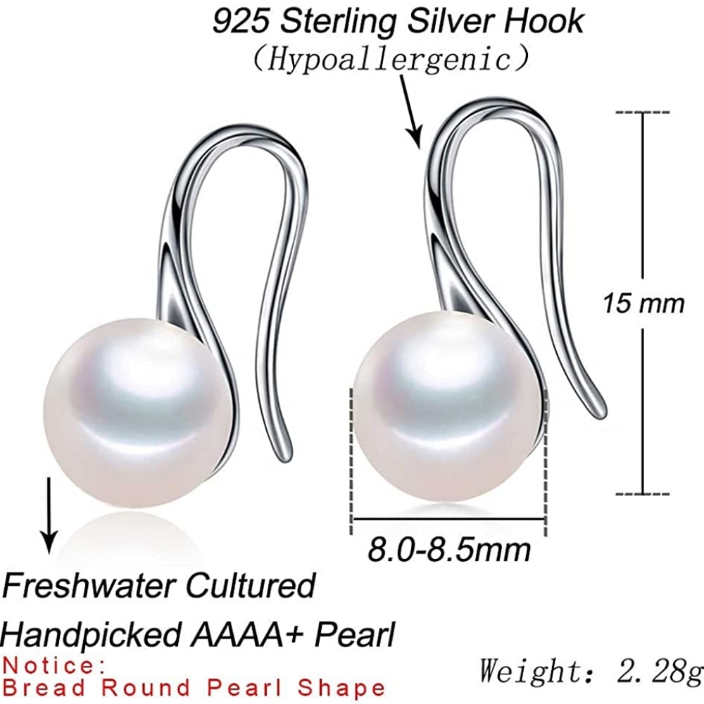 Pearl Earrings 925 Sterling Silver Hoop Handpicked AAAA 8.0-8.5mm Real Pearl